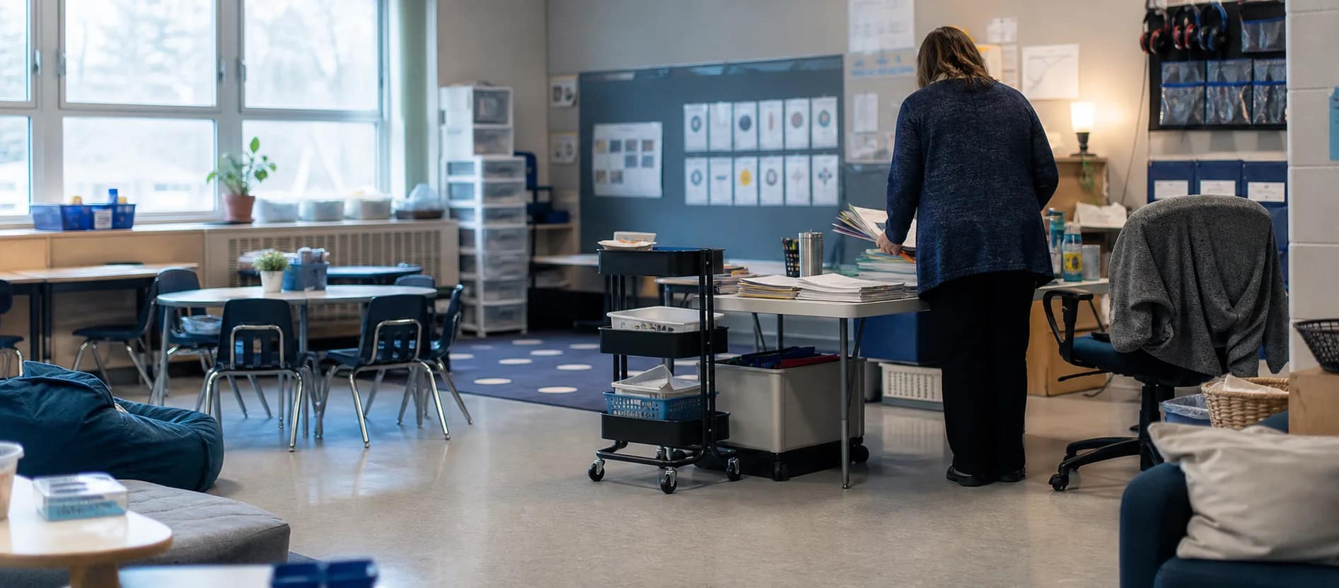 Educator preparing differentiated classroom materials beside an unoccupied support work station before students arrive.