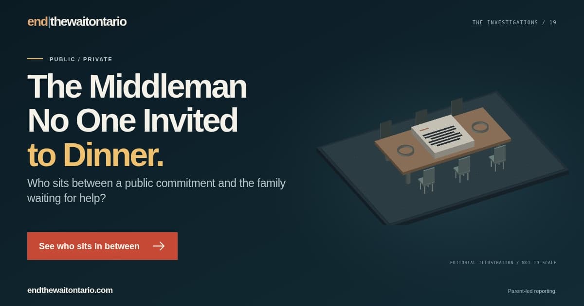 The Middleman No One Invited to Dinner. Who sits between a public commitment and the family waiting for help? The family and the administrator. Editorial illustration, not a photograph or scale diagram.