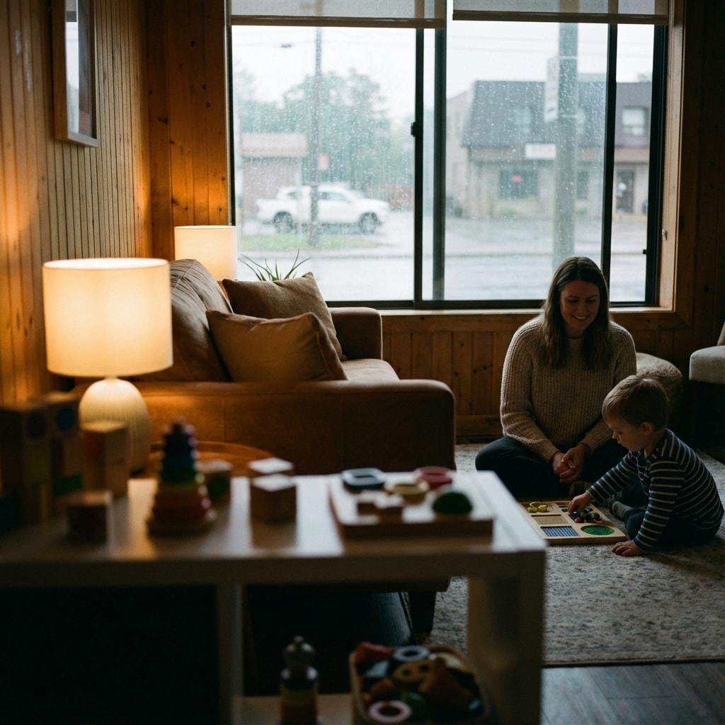 Therapist and child playing in a warm, moody London clinic