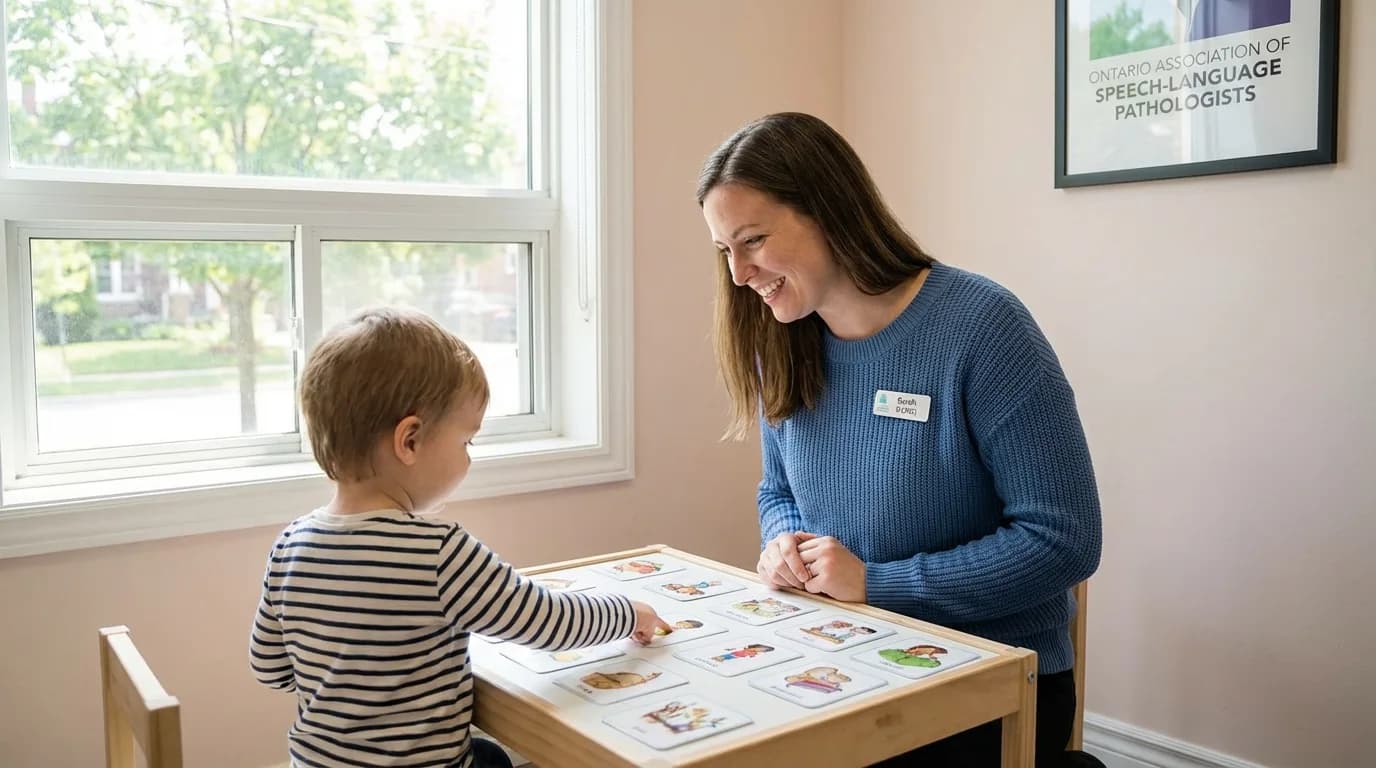 Speech therapist working with a child using picture cards