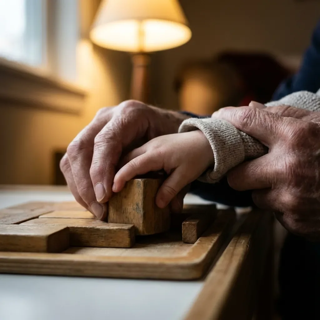 Close up of therapist hands helping child with puzzle