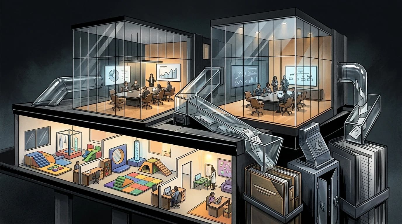 Architectural cutaway of autism care as an asset class: pediatric sensory therapy rooms on the ground floor funnelling clinical records into corporate glass boardrooms and balance sheets on top.