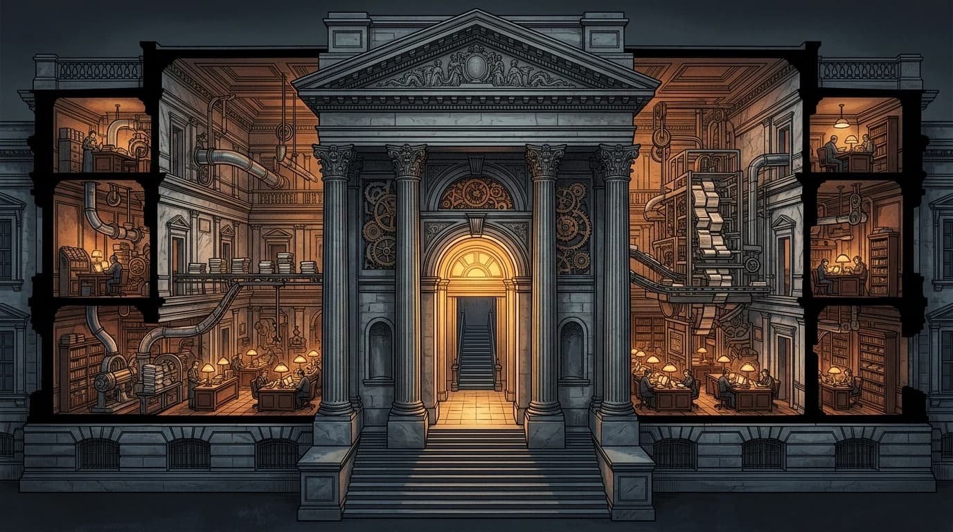 Architectural cutaway of The Authority Factory: a neoclassical ministry building with multi-tier chambers containing conveyor belts, pneumatic tubes, and archives, centered around a monumental illuminated archway.