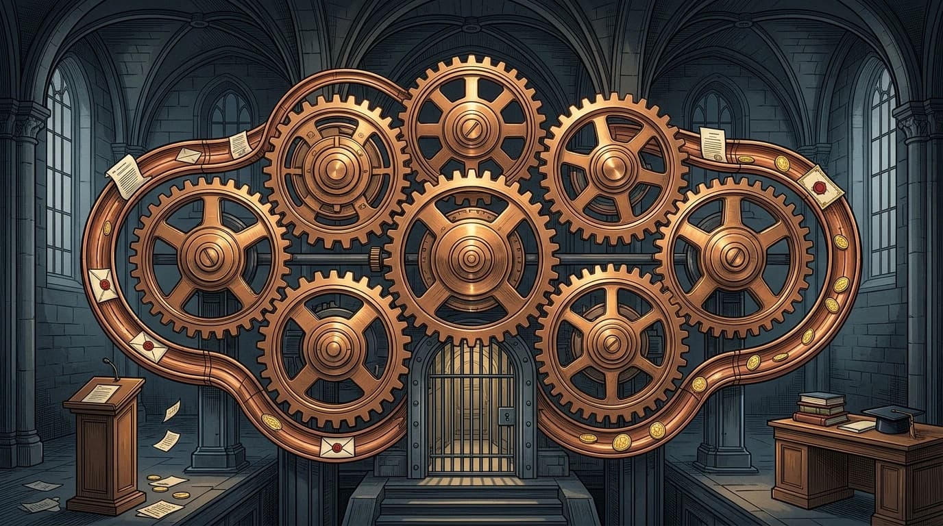 Editorial illustration of the Authority Flywheel: eight interconnected bronze clockwork gears and copper conduits circulating documents, certificates, and authority in a continuous self-reinforcing perpetual motion loop.