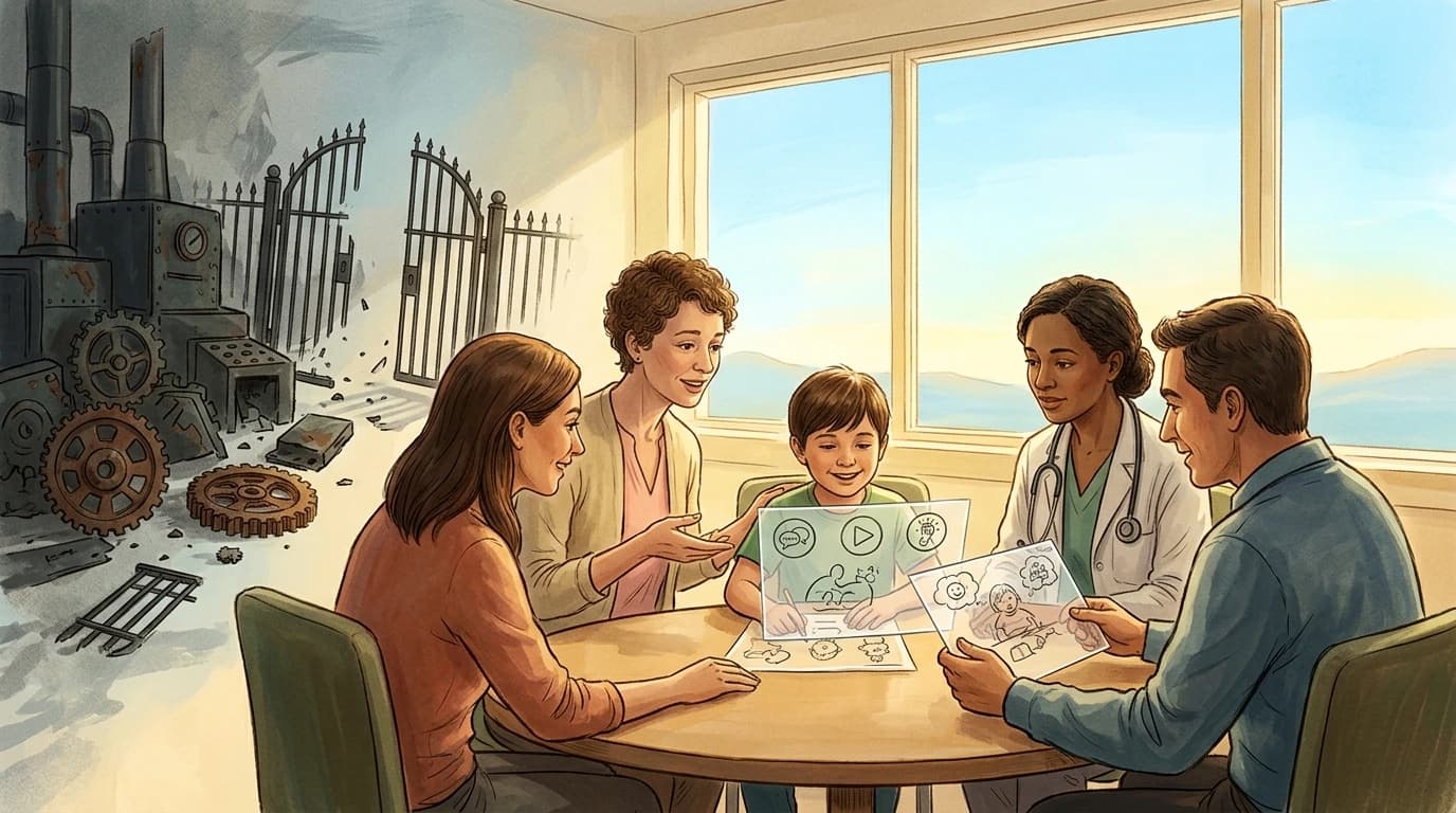 An autistic child, parents, and clinicians collaborating in an open sunlit room with dismantled iron bureaucratic machinery receding in the background