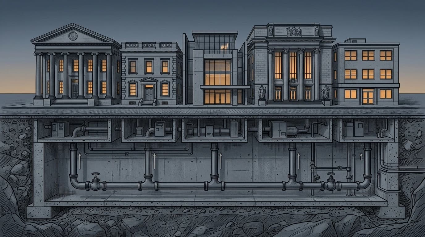 Architectural cutaway of the Potemkin Effect: five distinct classical institutional facades standing side by side above ground, with a subterranean cutaway revealing they all share the exact same foundation and pipeline.