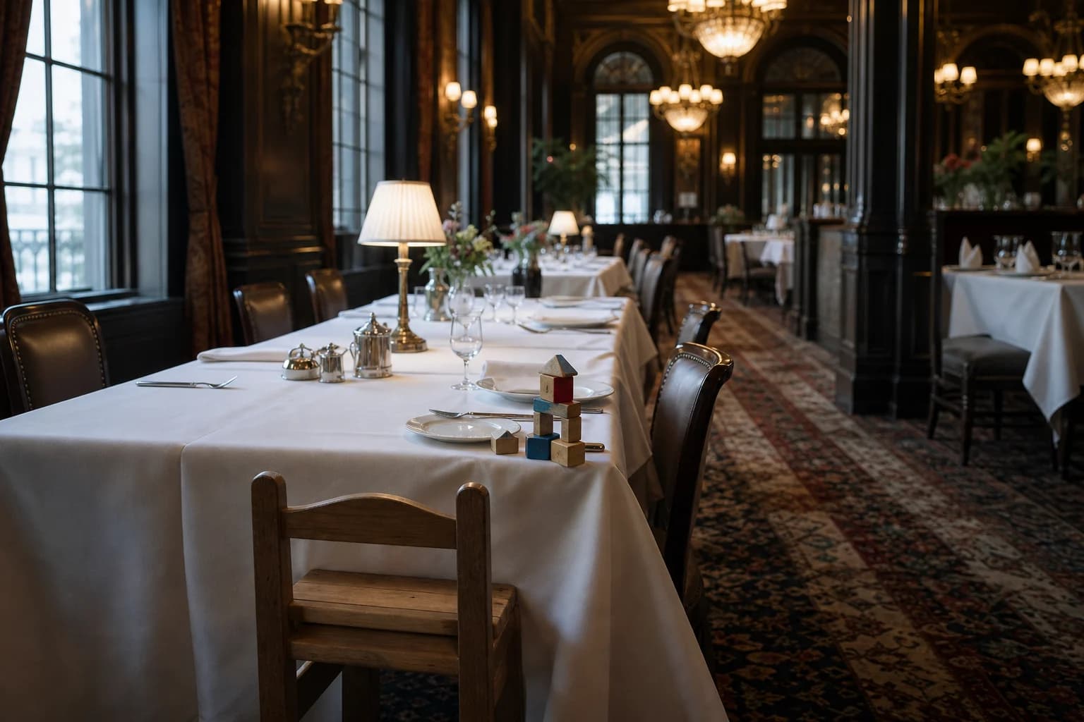 A small wooden chair and building blocks beside a formal hotel place setting