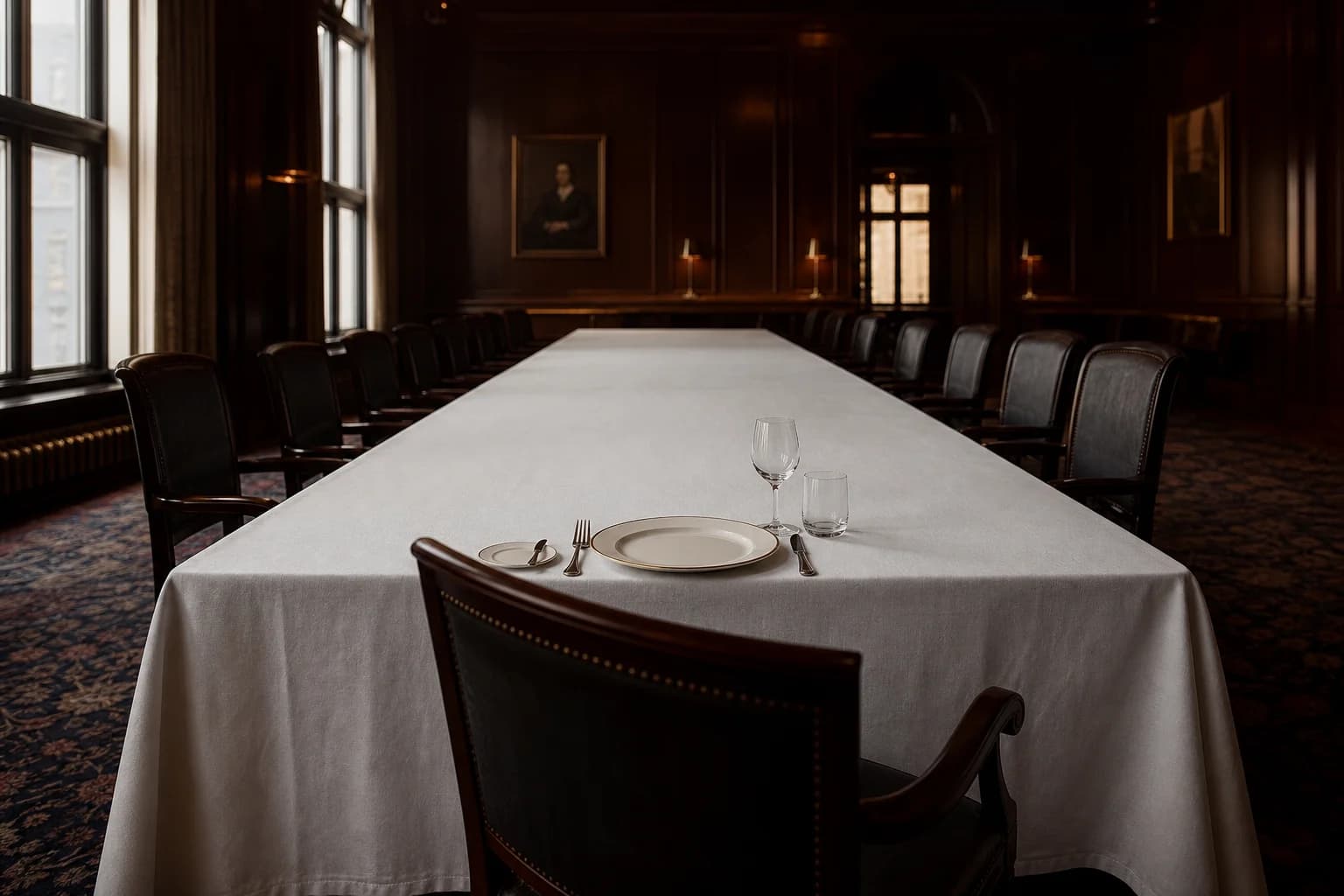 A single untouched place setting at the end of a long hotel dining table