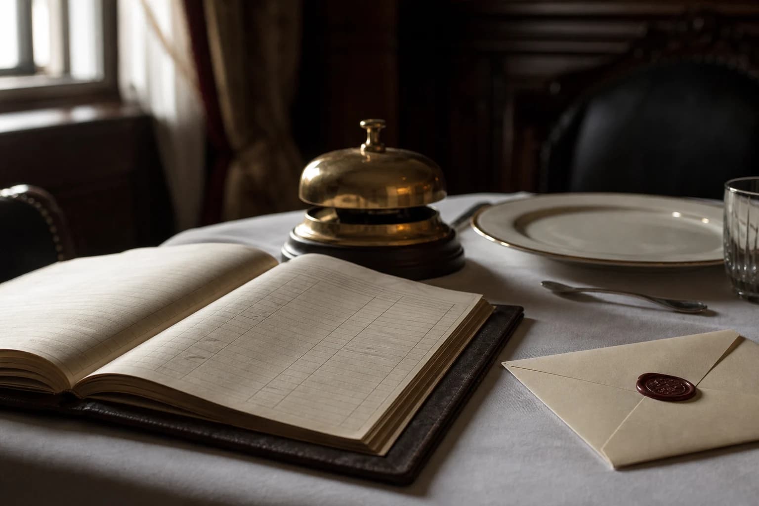 A hotel service ledger, brass bell and sealed envelope beside an untouched plate