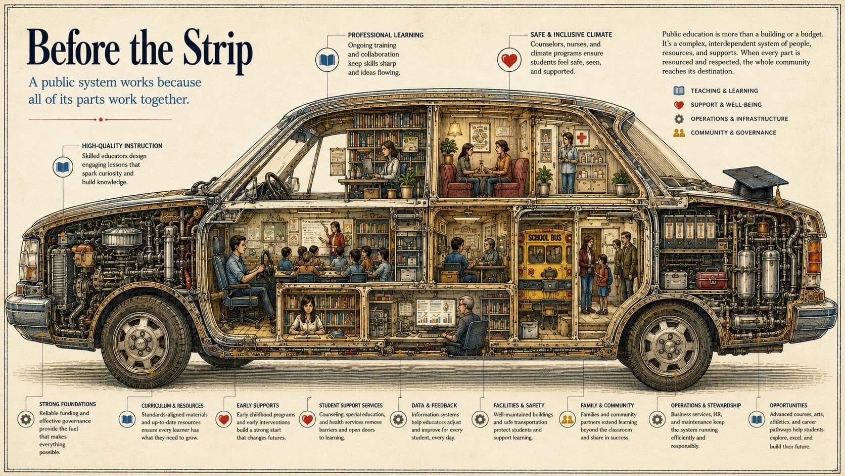 Detailed cutaway illustration of an intact car containing classrooms, libraries, counselling, health support, transportation, facilities, administration and community participation.