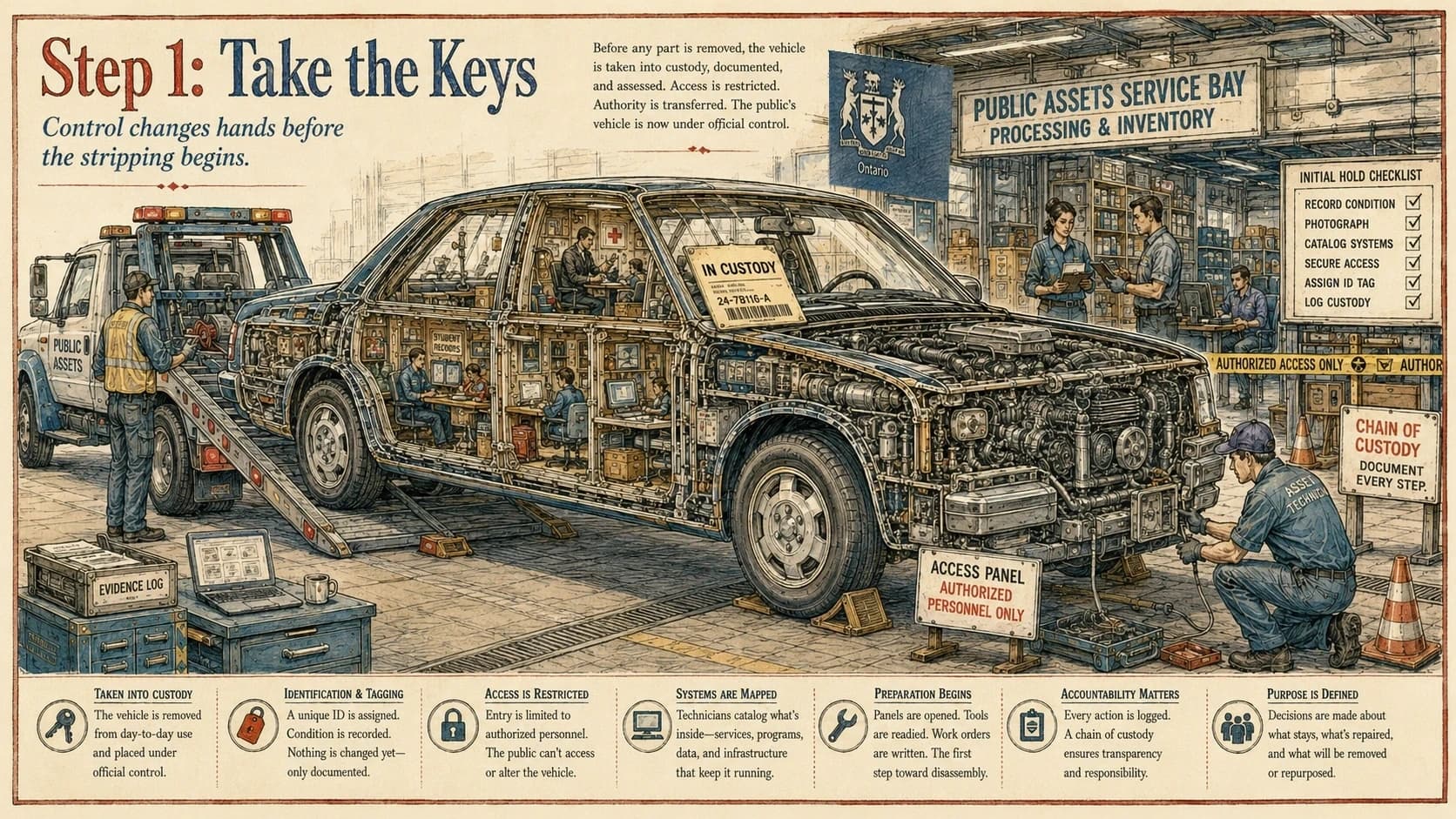 A cutaway public-service car is taken into an official service bay, tagged, inventoried and placed under restricted access while control transfers to appointed personnel.