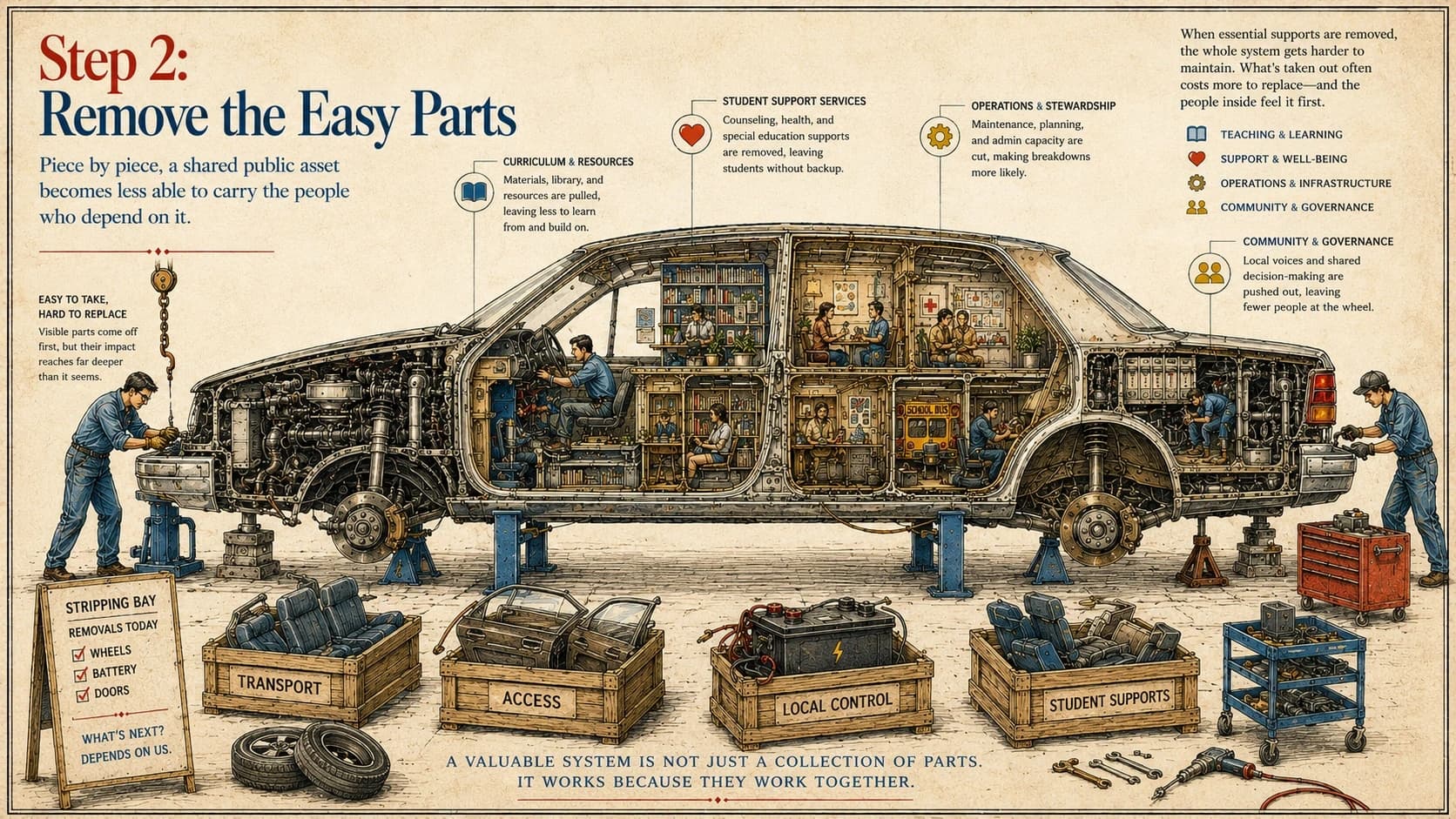 Workers remove wheels, doors, seating, battery and other components from a public education car while crates are labelled transport, access, local control and student supports.