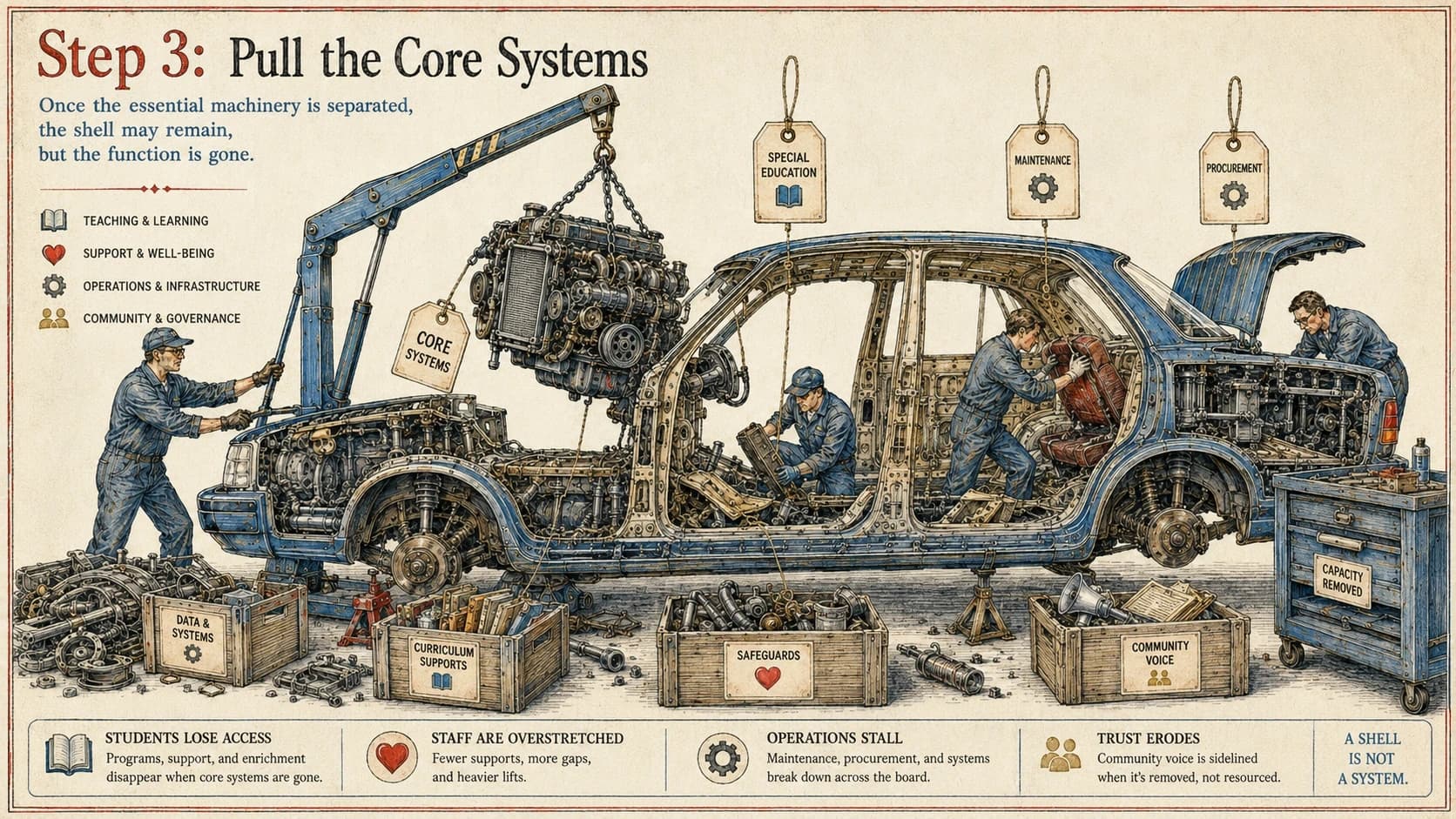 A crane lifts the engine from a stripped car while components labelled data systems, curriculum supports, safeguards and community voice are placed in separate crates.