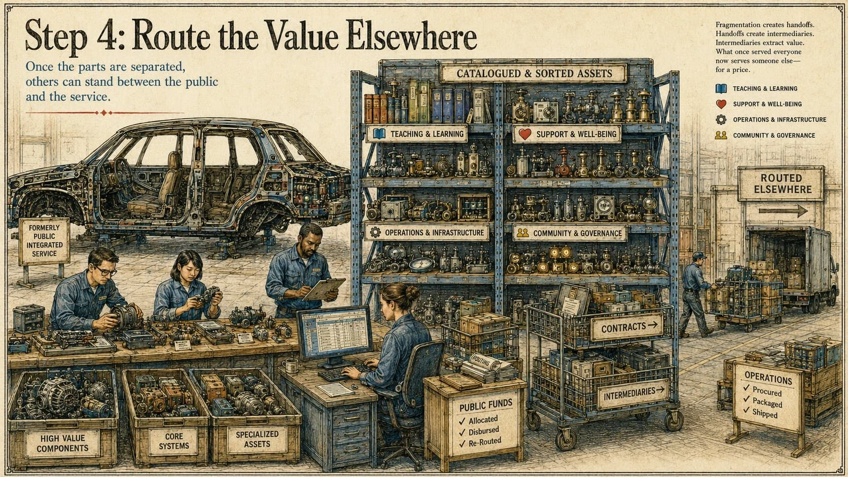Components from a stripped public-service car are catalogued on shelves and moved through carts marked contracts and intermediaries toward a loading bay.
