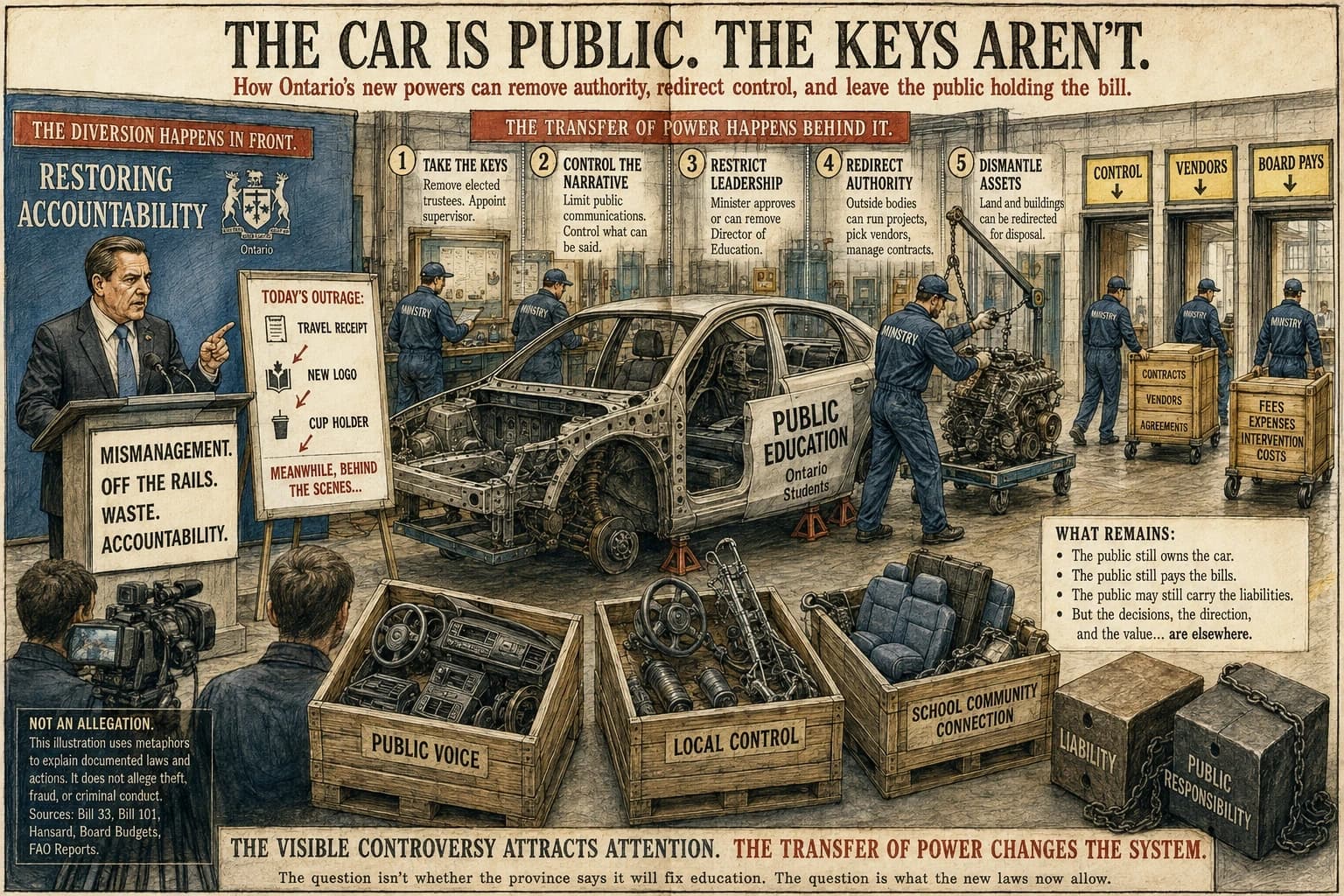 Editorial illustration of a public education car being stripped in a service bay while a press conference occupies the foreground. Crates represent public voice, local control and community connection; chained blocks represent public responsibility and liability.