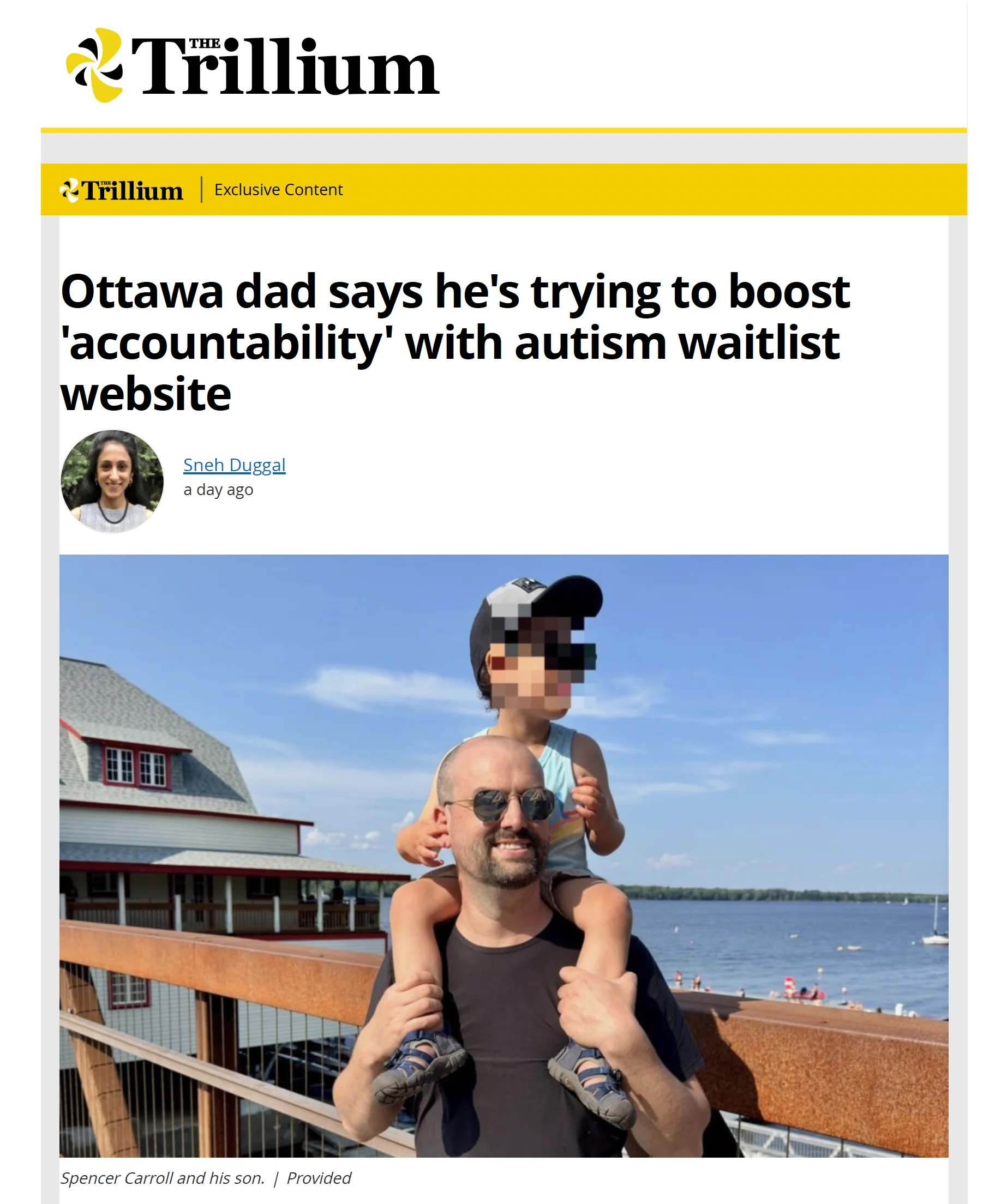 Screenshot of The Trillium article: Ottawa dad says he's trying to boost accountability with autism waitlist website. By Sneh Duggal. Shows Spencer Carroll and his son.