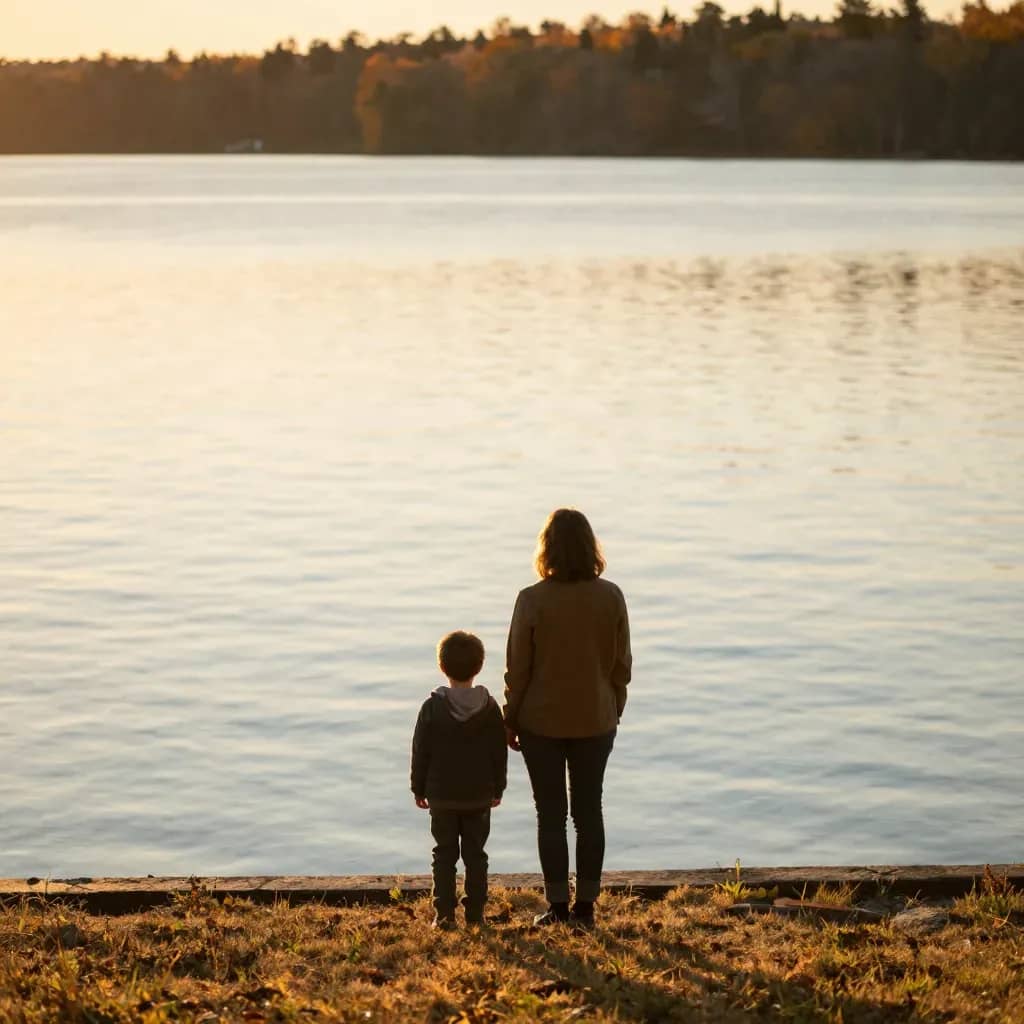 A parent and child look over a calm Ontario lake at sunset, seen from behind