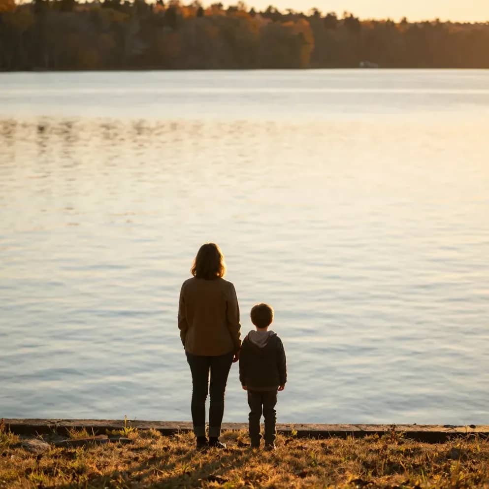 A parent and child look over a calm Ontario lake at sunset, seen from behind
