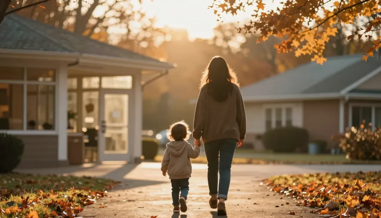 A parent and child walk toward a community centre at golden hour