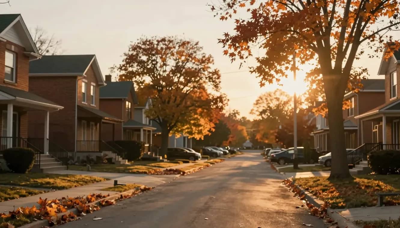 A quiet suburban Ontario street at golden-hour sunset