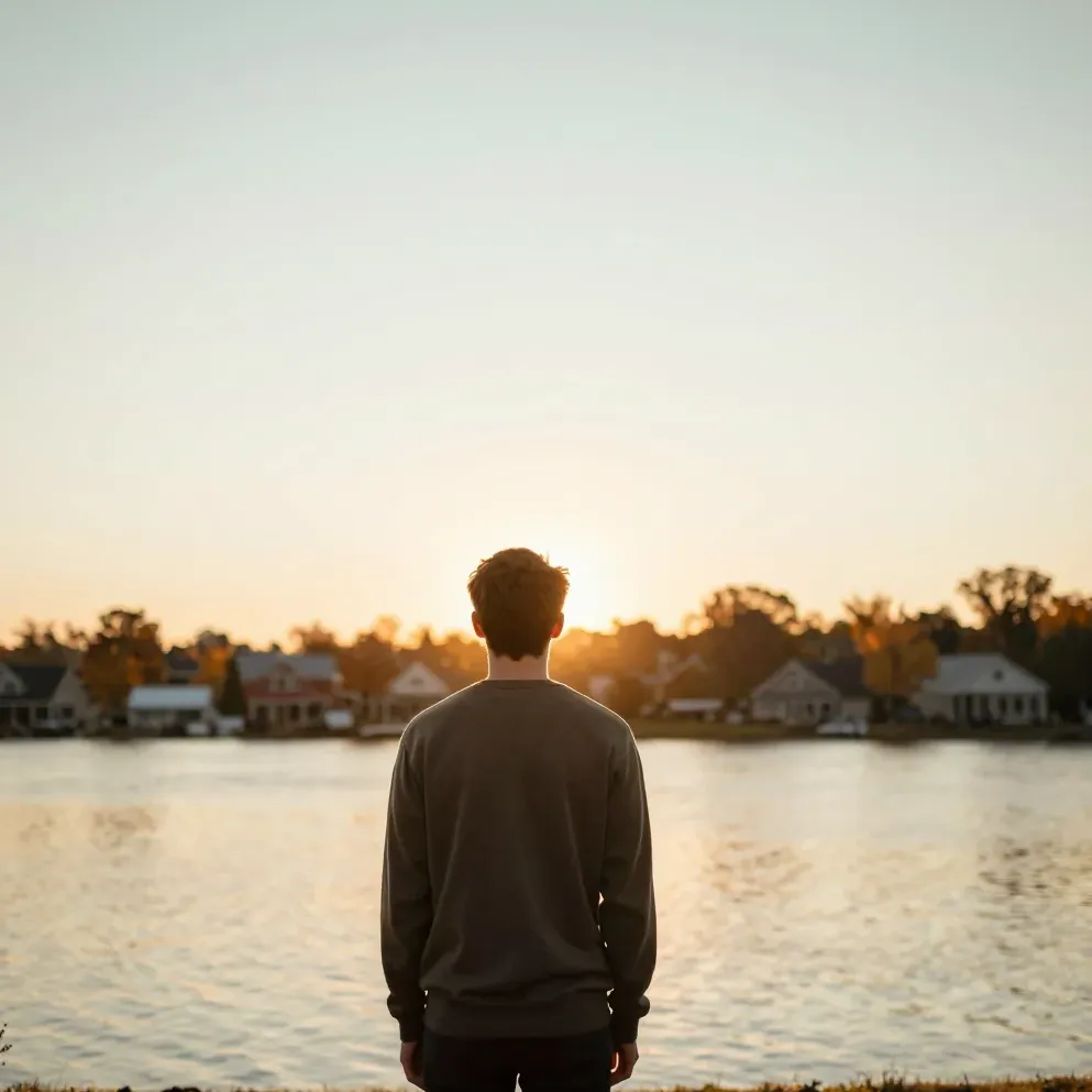 A young adult looks toward the horizon at golden hour, seen from behind