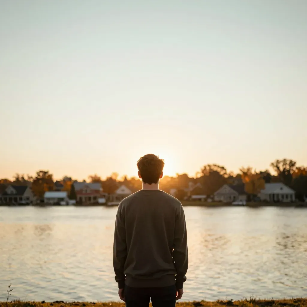 A young adult looks toward the horizon at golden hour, seen from behind