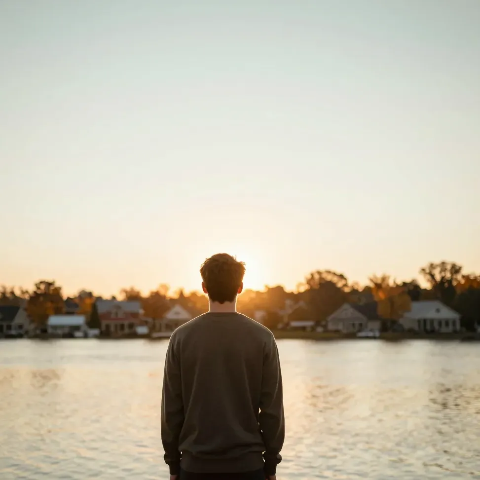 A young adult looks toward the horizon at golden hour, seen from behind