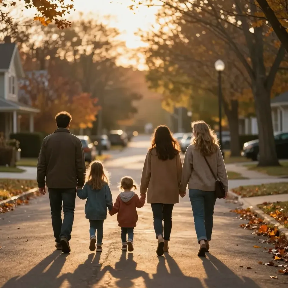 Families walk together along a golden-hour street, seen from behind