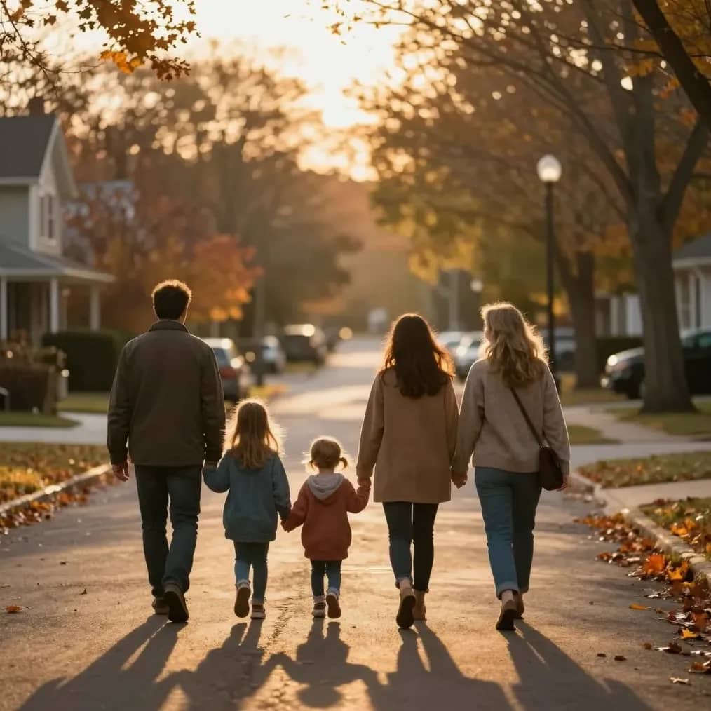 Families walk together along a golden-hour street, seen from behind