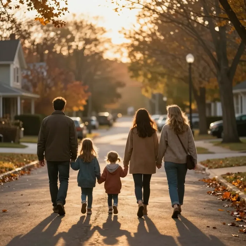 Families walk together along a golden-hour street, seen from behind