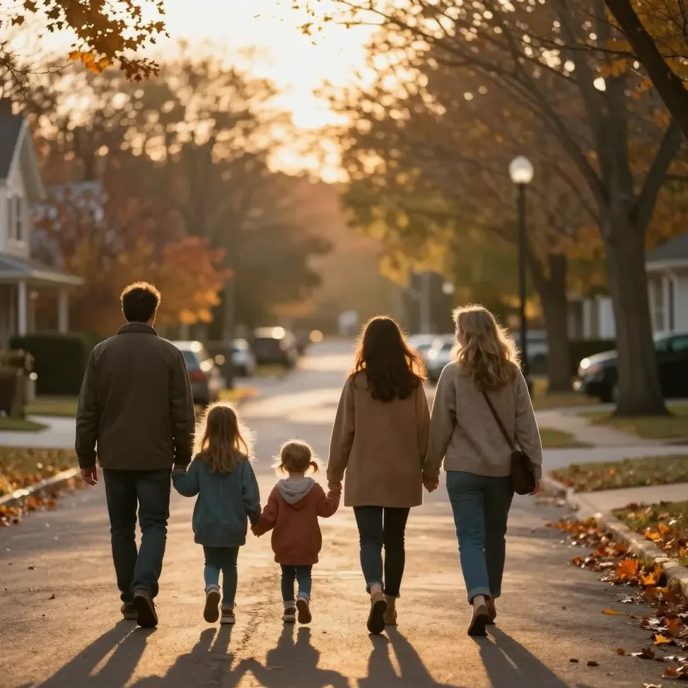 Families walk together along a golden-hour street, seen from behind