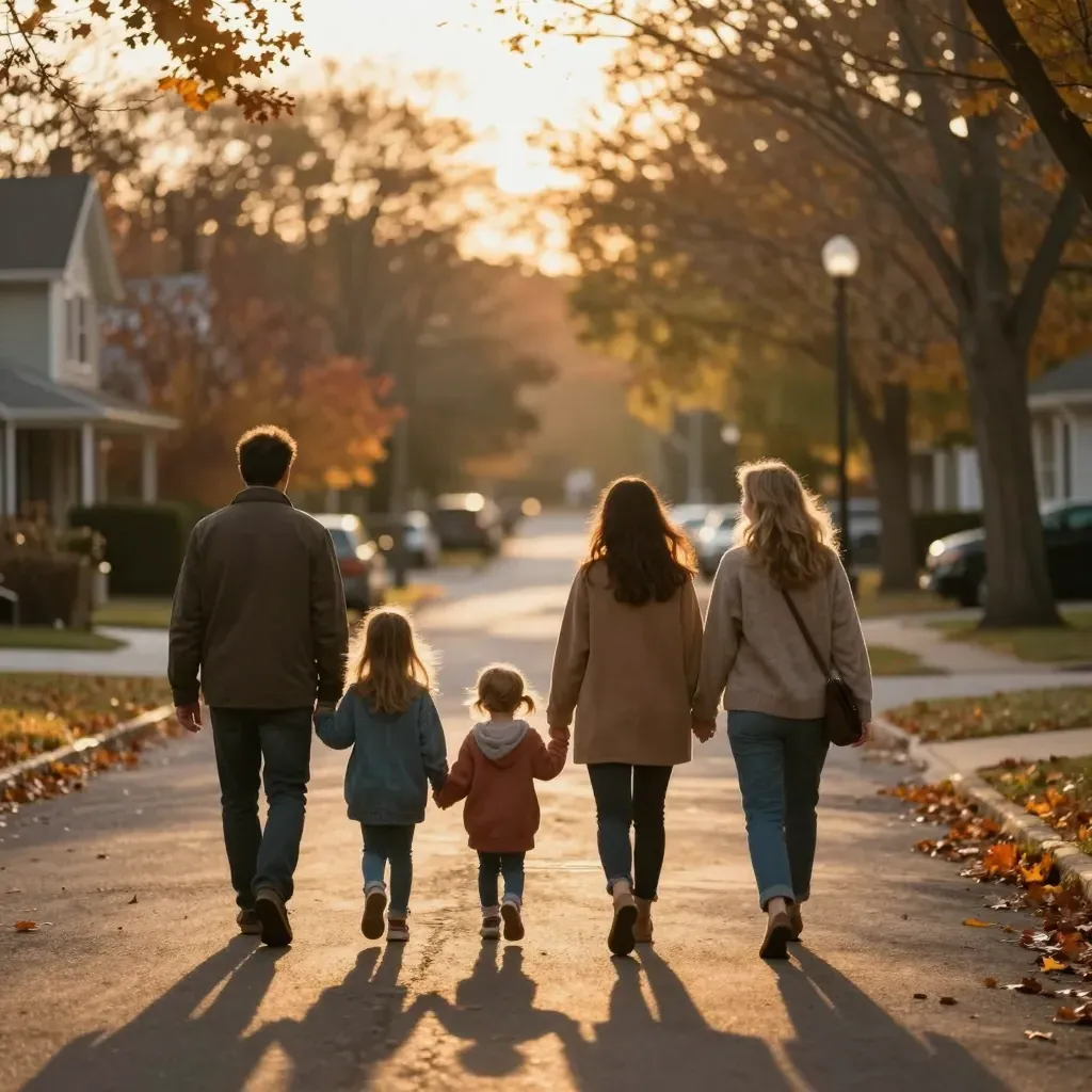 Families walk together along a golden-hour street, seen from behind