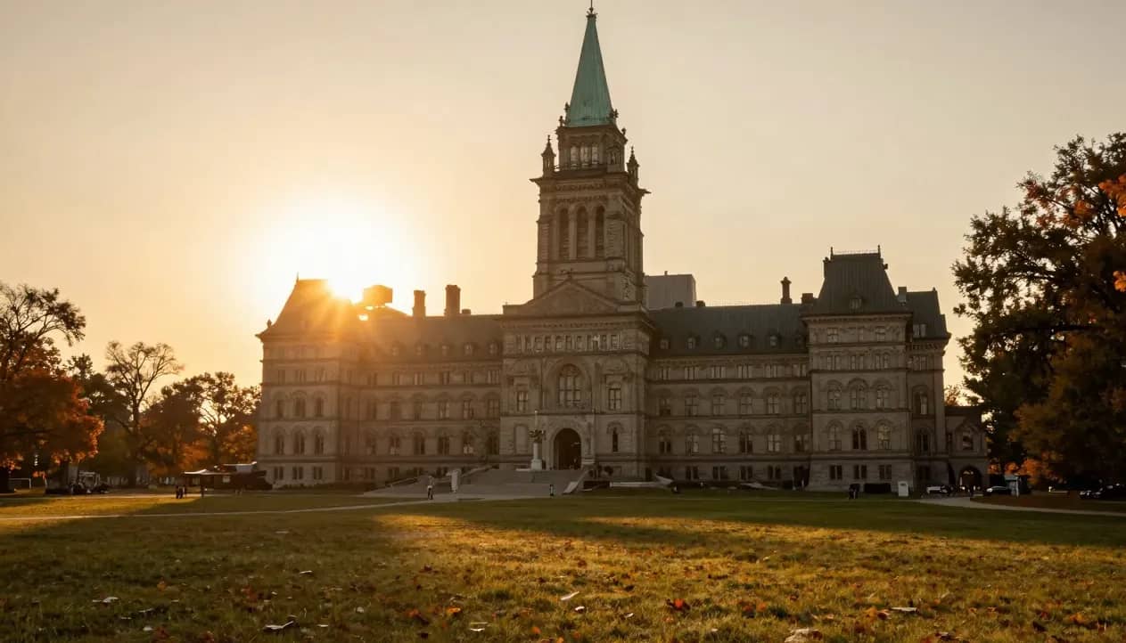 The Ontario Legislature at Queen's Park at golden-hour sunset