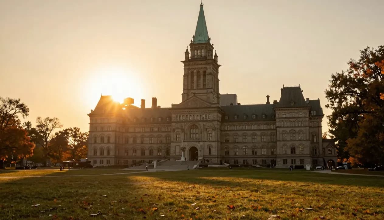 The Ontario Legislature at Queen's Park at golden-hour sunset