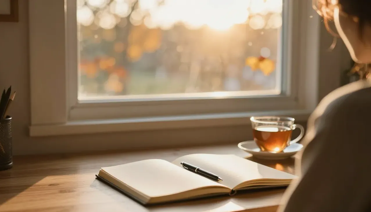 A notebook and tea on a sunlit desk by a golden window