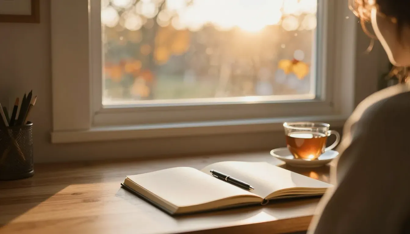 A notebook and tea on a sunlit desk by a golden window