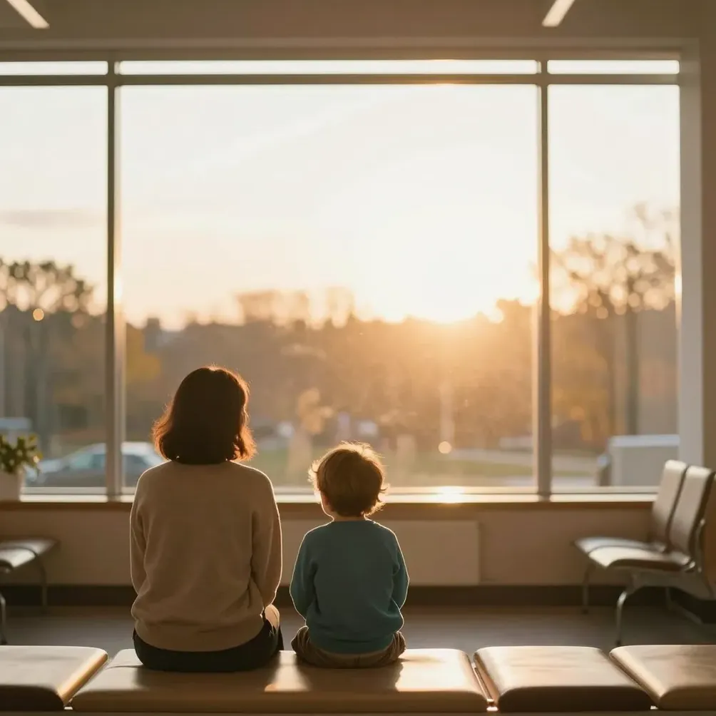 A parent and child at a clinic waiting area, seen from behind