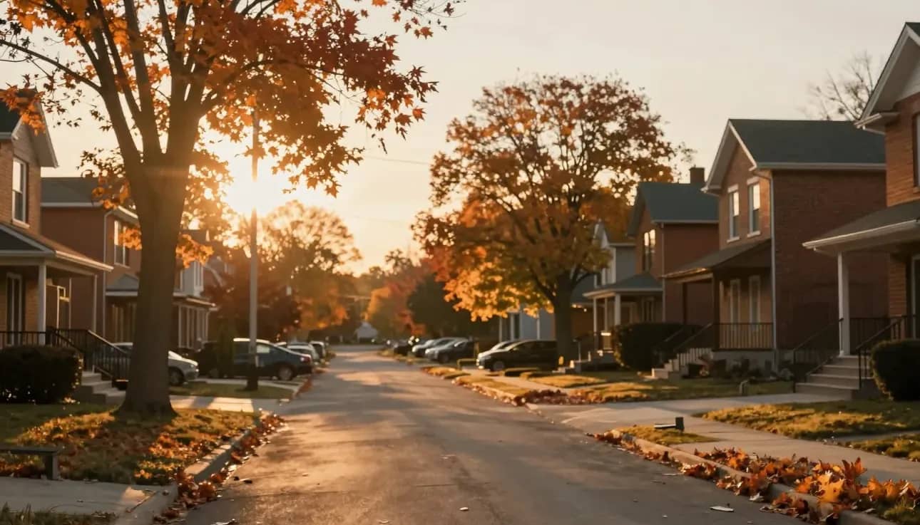 A quiet suburban Ontario street at golden-hour sunset