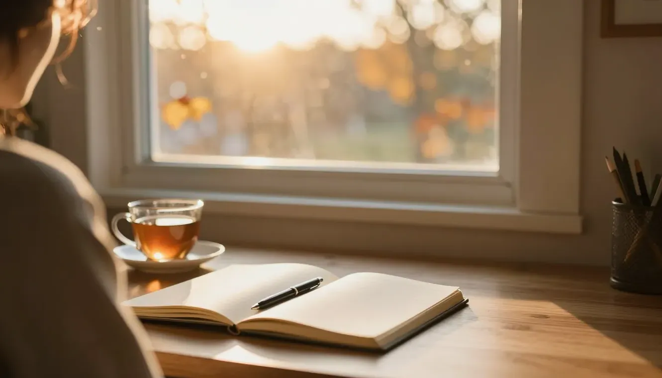 A notebook and tea on a sunlit desk by a golden window