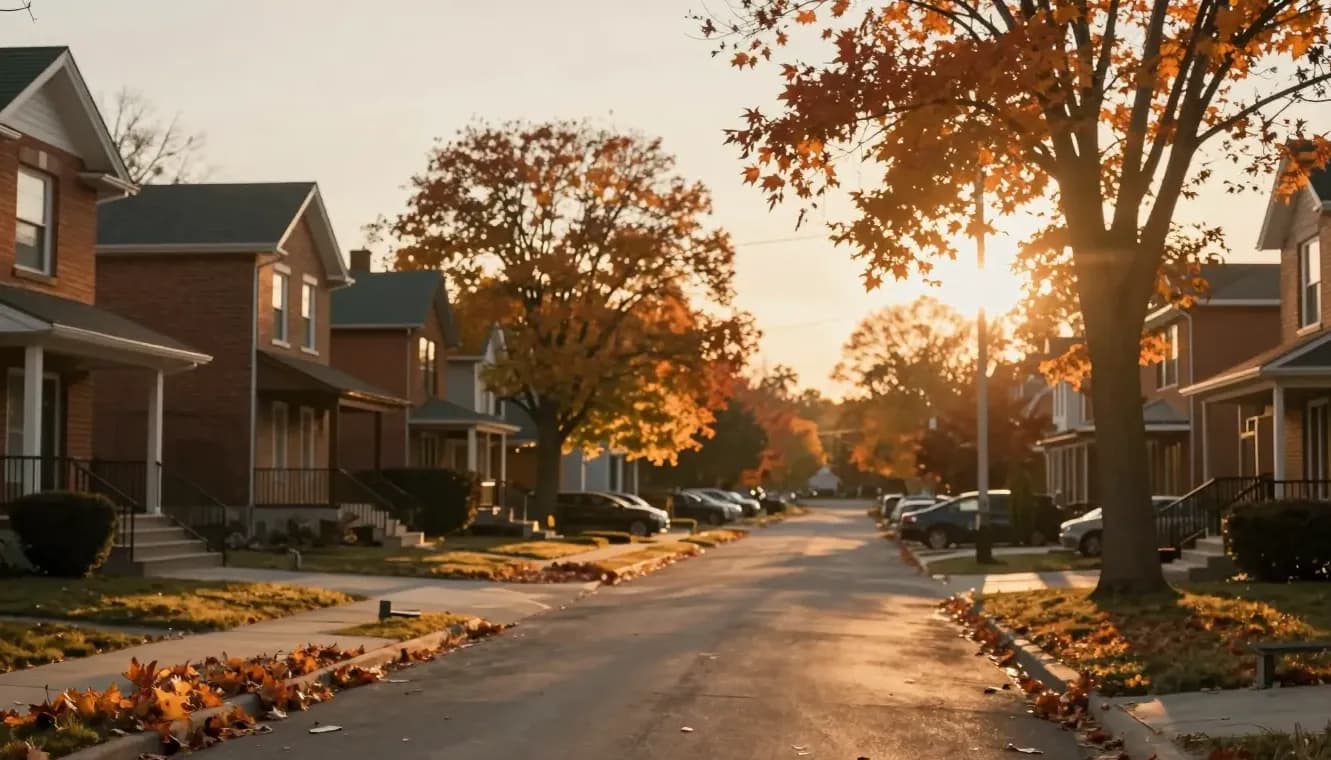 A quiet suburban Ontario street at golden-hour sunset