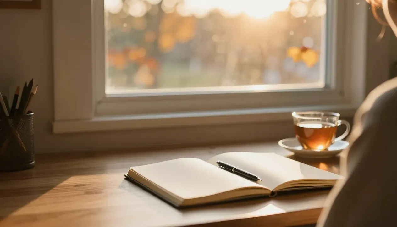A notebook and tea on a sunlit desk by a golden window