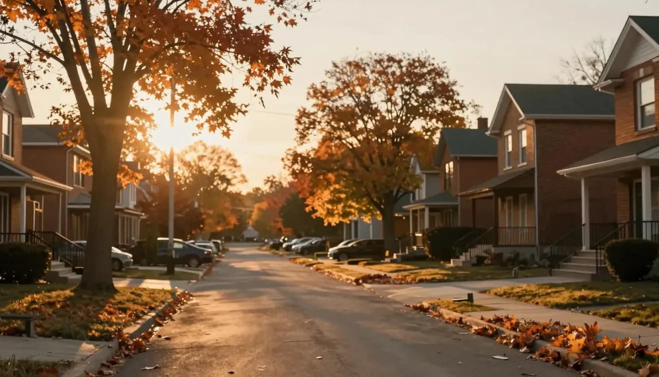 A quiet suburban Ontario street at golden-hour sunset