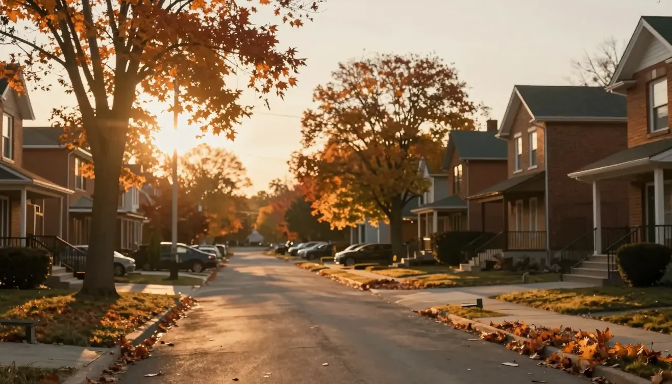 A quiet suburban Ontario street at golden-hour sunset