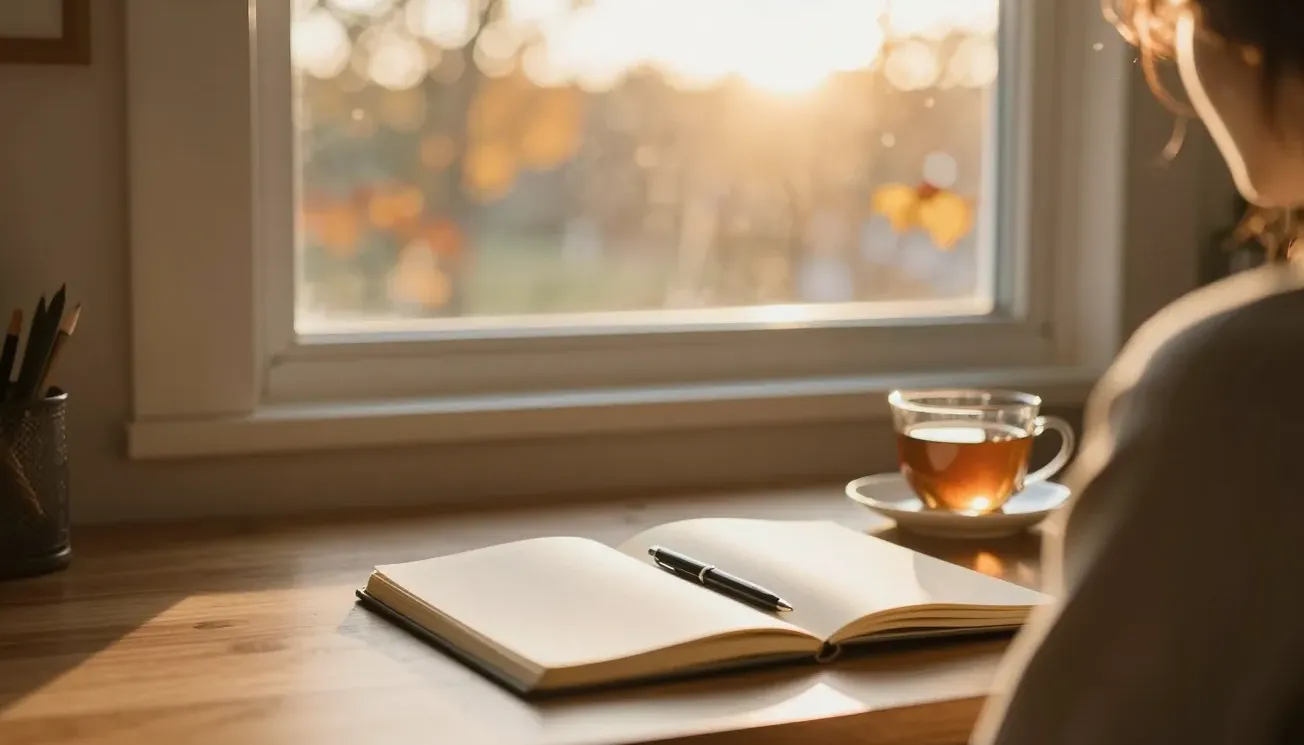 A notebook and tea on a sunlit desk by a golden window