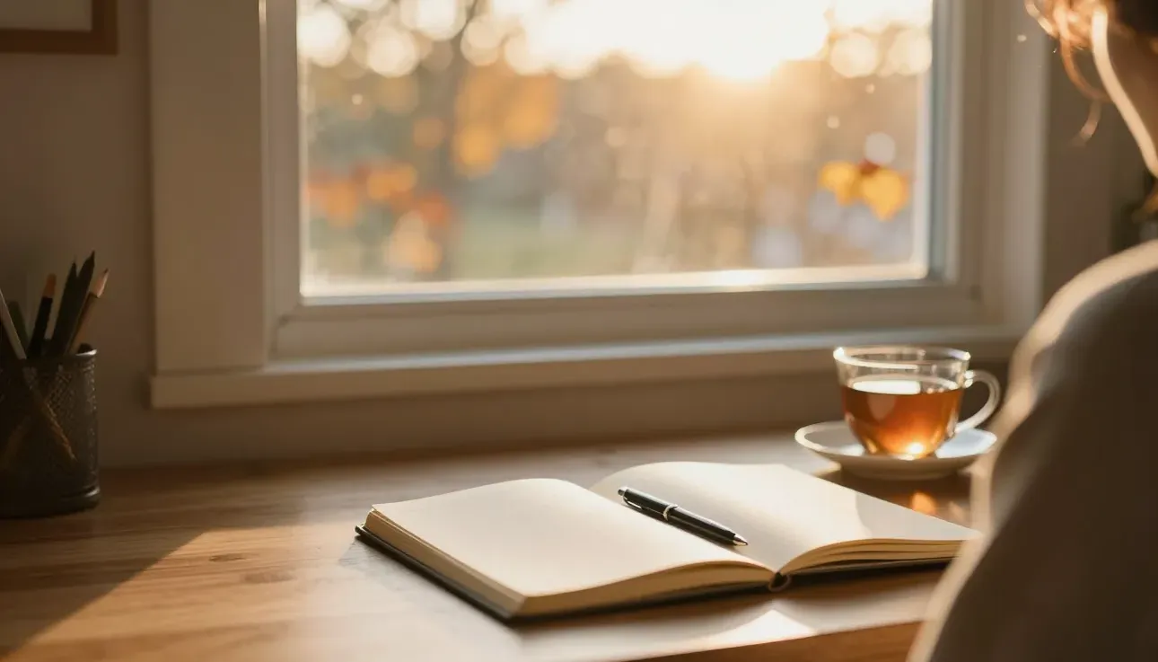 A notebook and tea on a sunlit desk by a golden window
