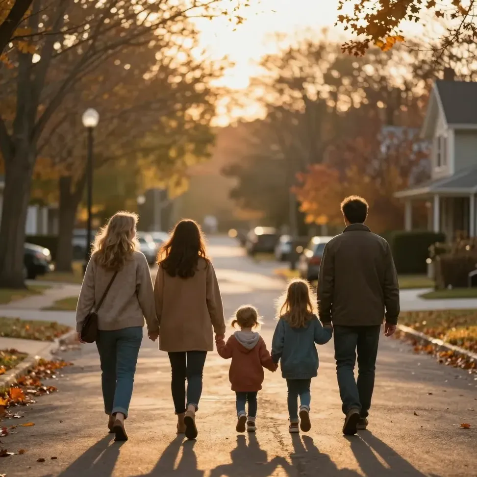 Families walk together along a golden-hour street, seen from behind