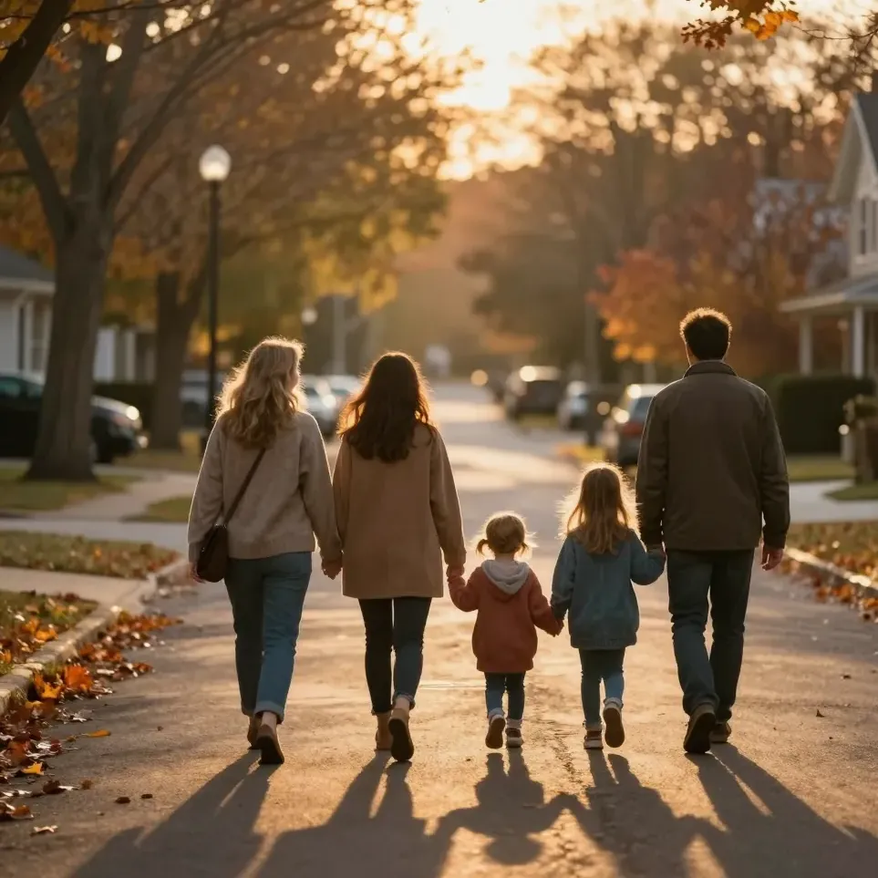 Families walk together along a golden-hour street, seen from behind