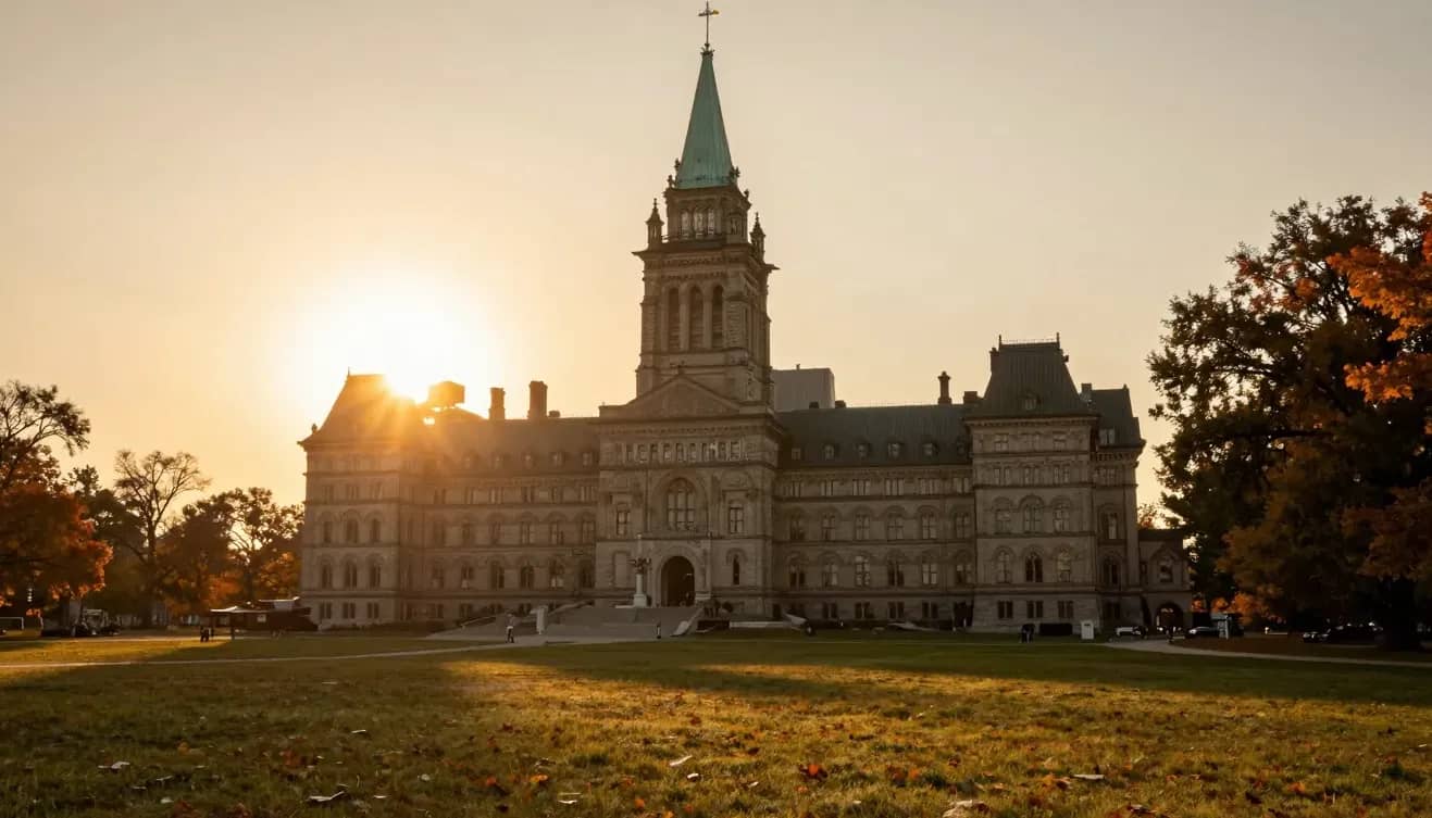 The Ontario Legislature at Queen's Park at golden-hour sunset