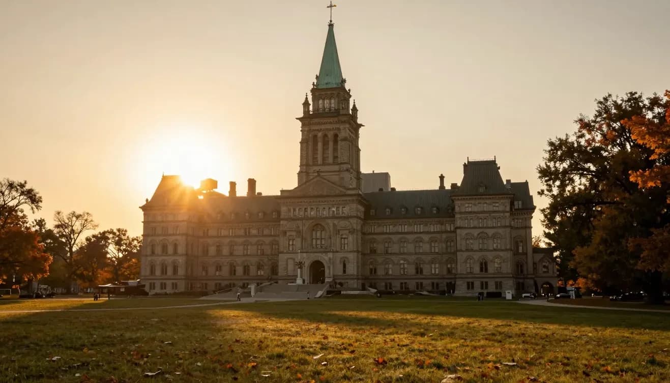 The Ontario Legislature at Queen's Park at golden-hour sunset