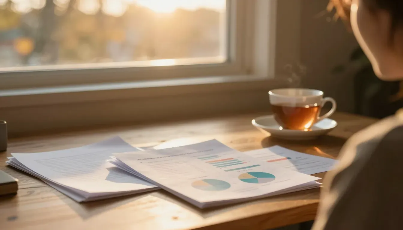 Comparison charts and documents on a sunlit desk